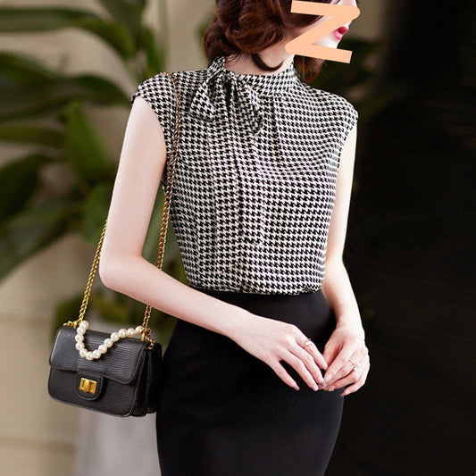 Summer New Ribbon Houndstooth Chiffon Shirt For Women