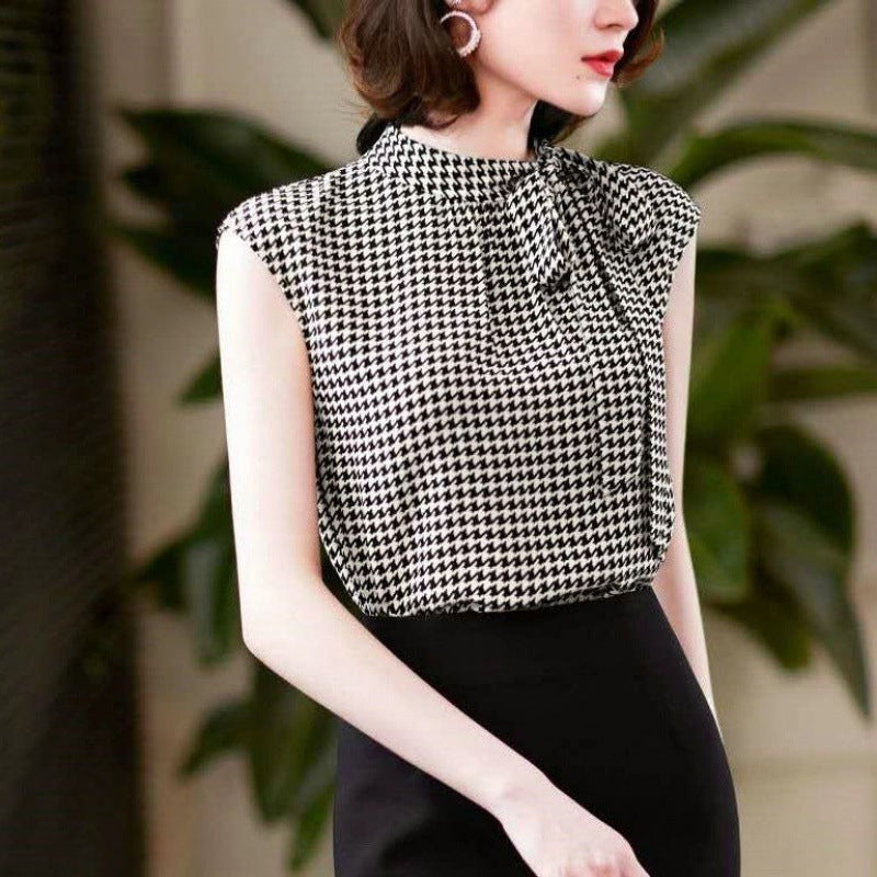 Summer New Ribbon Houndstooth Chiffon Shirt For Women