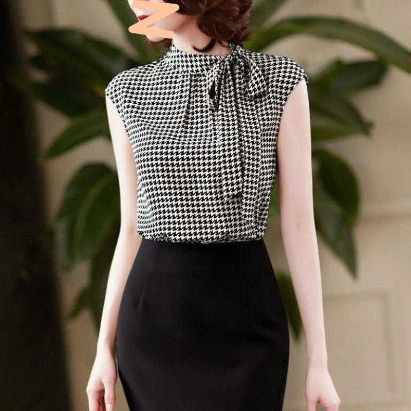 Summer New Ribbon Houndstooth Chiffon Shirt For Women