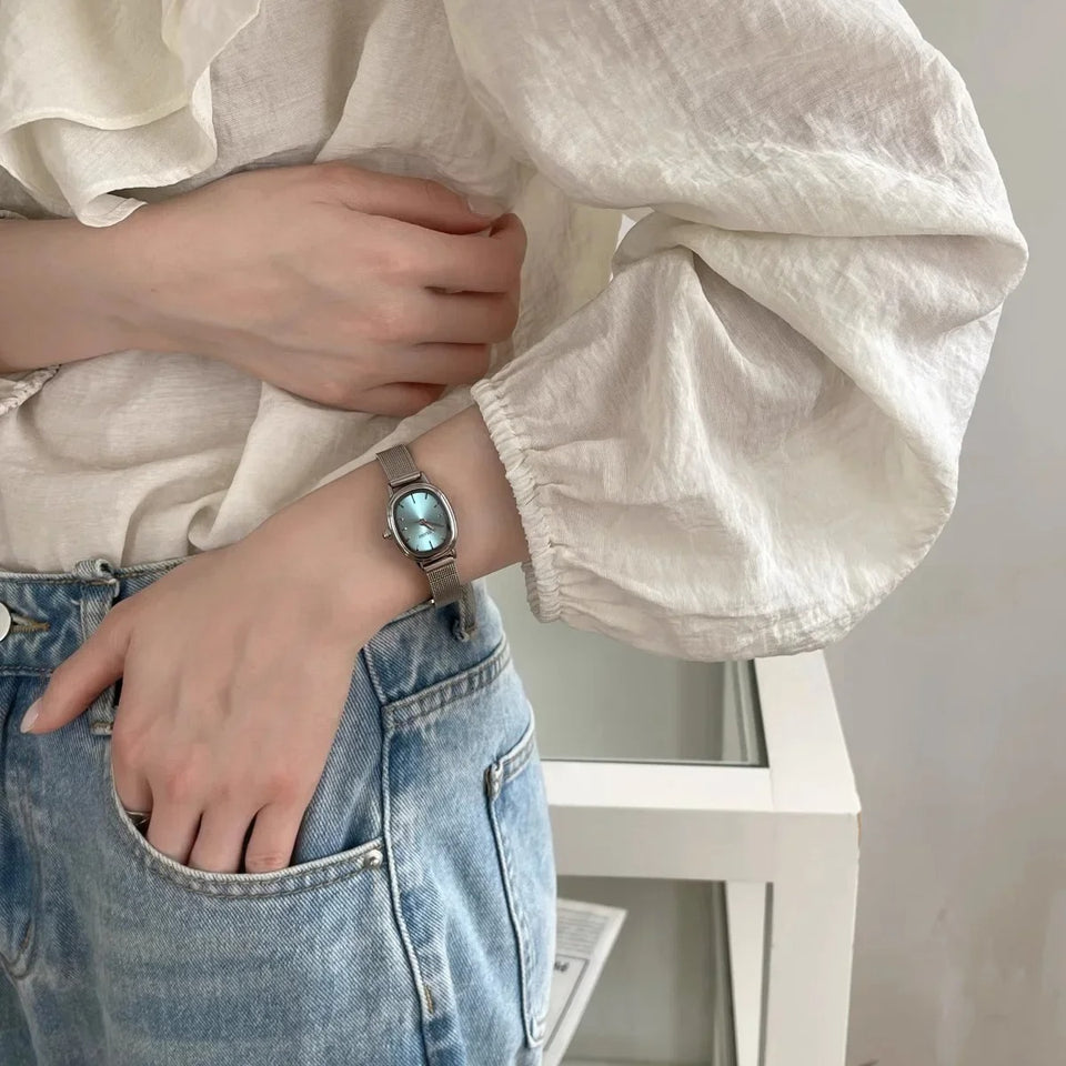 Small Oval Dial Green Watch Simple Stainless Steel Ladies Wristwatches Brand Women