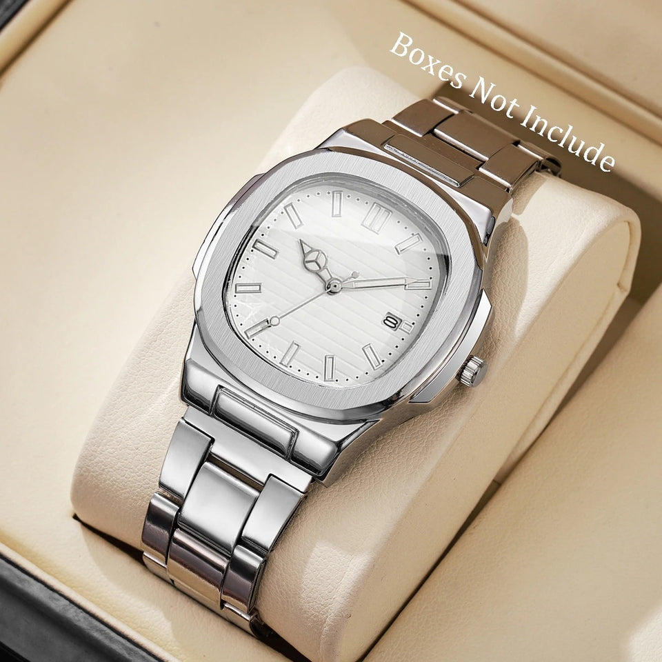 Men Fashion Wristwatches Business Square Dial Stainless Steel Strap Quartz Watch