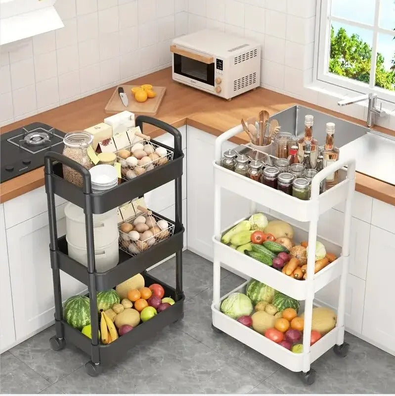 1 PC 3-Layer Rolling Plastic Storage Cart with Armrests - Space-Efficient Multi-Room Organizer