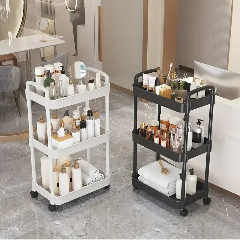 1 PC 3-Layer Rolling Plastic Storage Cart with Armrests - Space-Efficient Multi-Room Organizer
