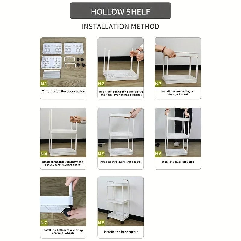 1 PC 3-Layer Rolling Plastic Storage Cart with Armrests - Space-Efficient Multi-Room Organizer