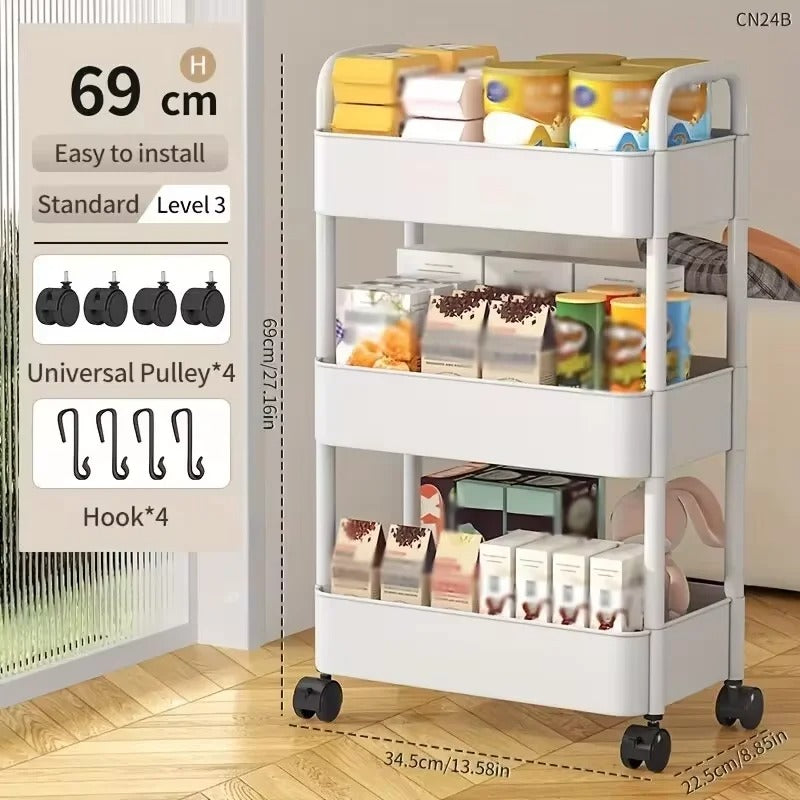 1 PC 3-Layer Rolling Plastic Storage Cart with Armrests - Space-Efficient Multi-Room Organizer