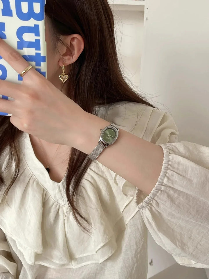 Small Oval Dial Green Watch Simple Stainless Steel Ladies Wristwatches Brand Women