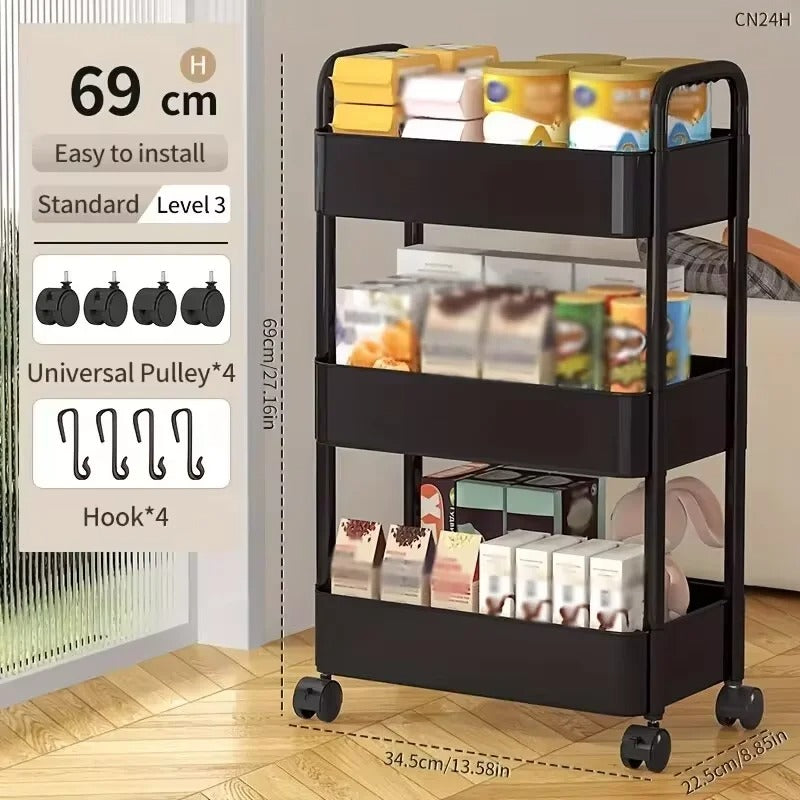 1 PC 3-Layer Rolling Plastic Storage Cart with Armrests - Space-Efficient Multi-Room Organizer